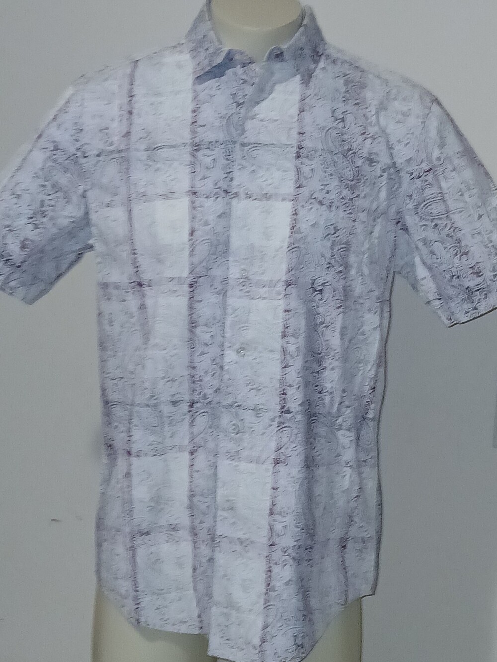 Alfani Mens Button Front Short Sleeve Paisley Plaid Shirt M